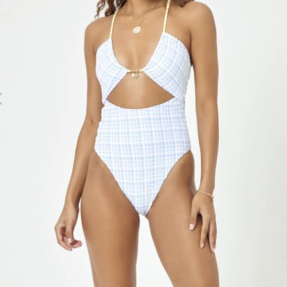 L*Space Rizzo seersucker blue and green and white swim suit xsmall - Picture 3 of 10